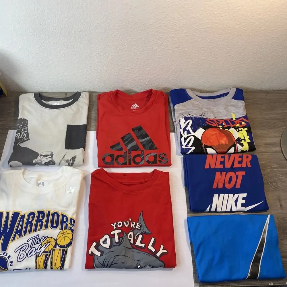 Lot of 7 Boys Graphic Tees Shirts Size 6 7 Nike Adidas Warriors Spider-Man